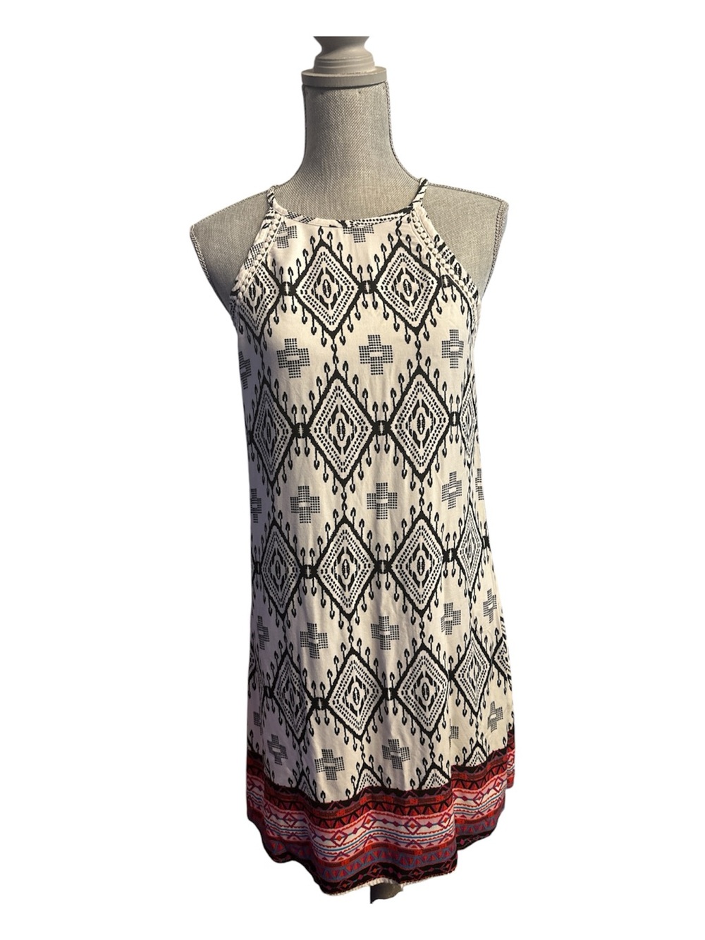 Mudd Black and White Aztec Halter Dress with Red Border